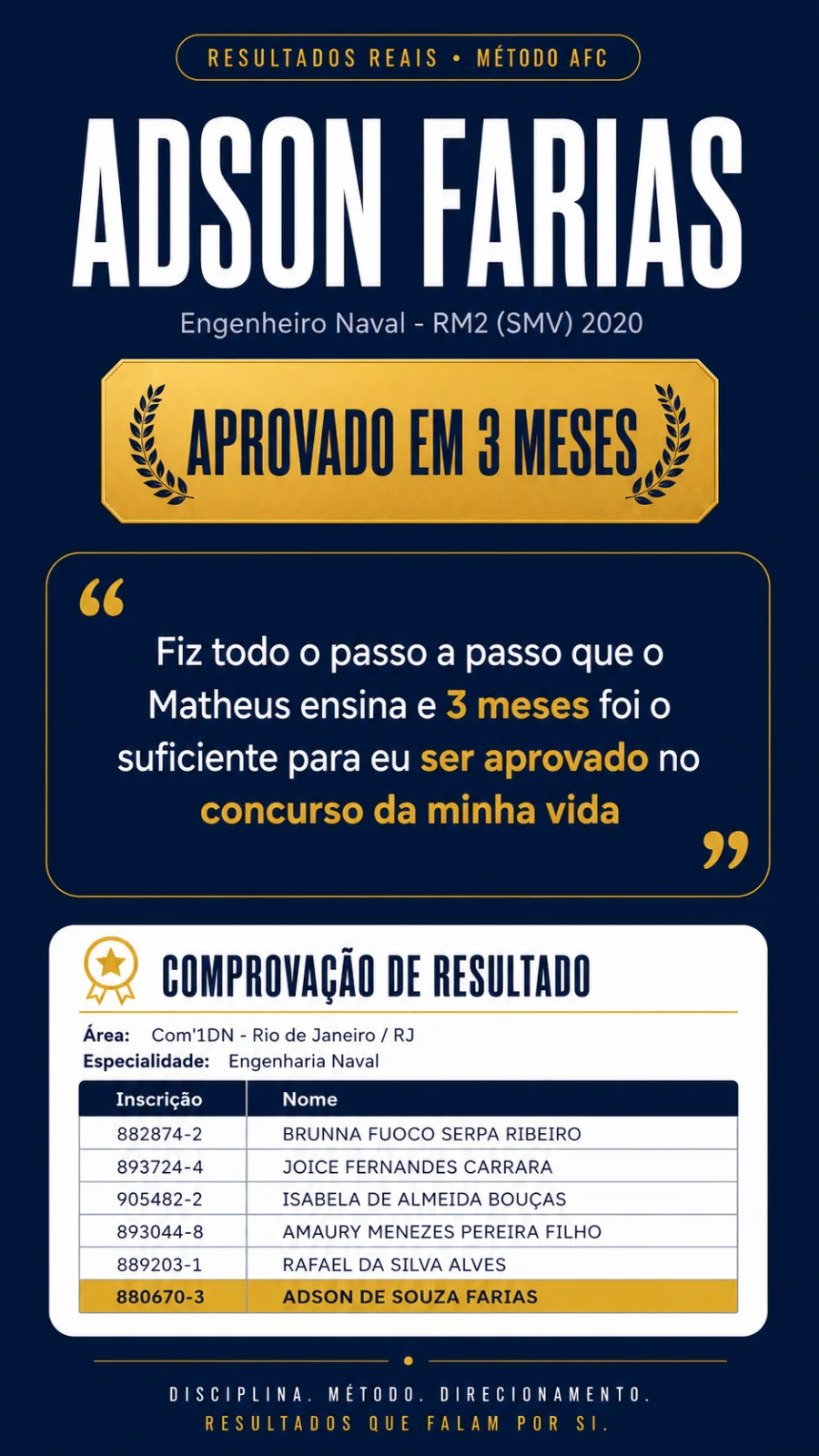 Adson Farias, Engenheiro Naval, aprovado no SMV 2020 em 3 meses pelo Método AFC